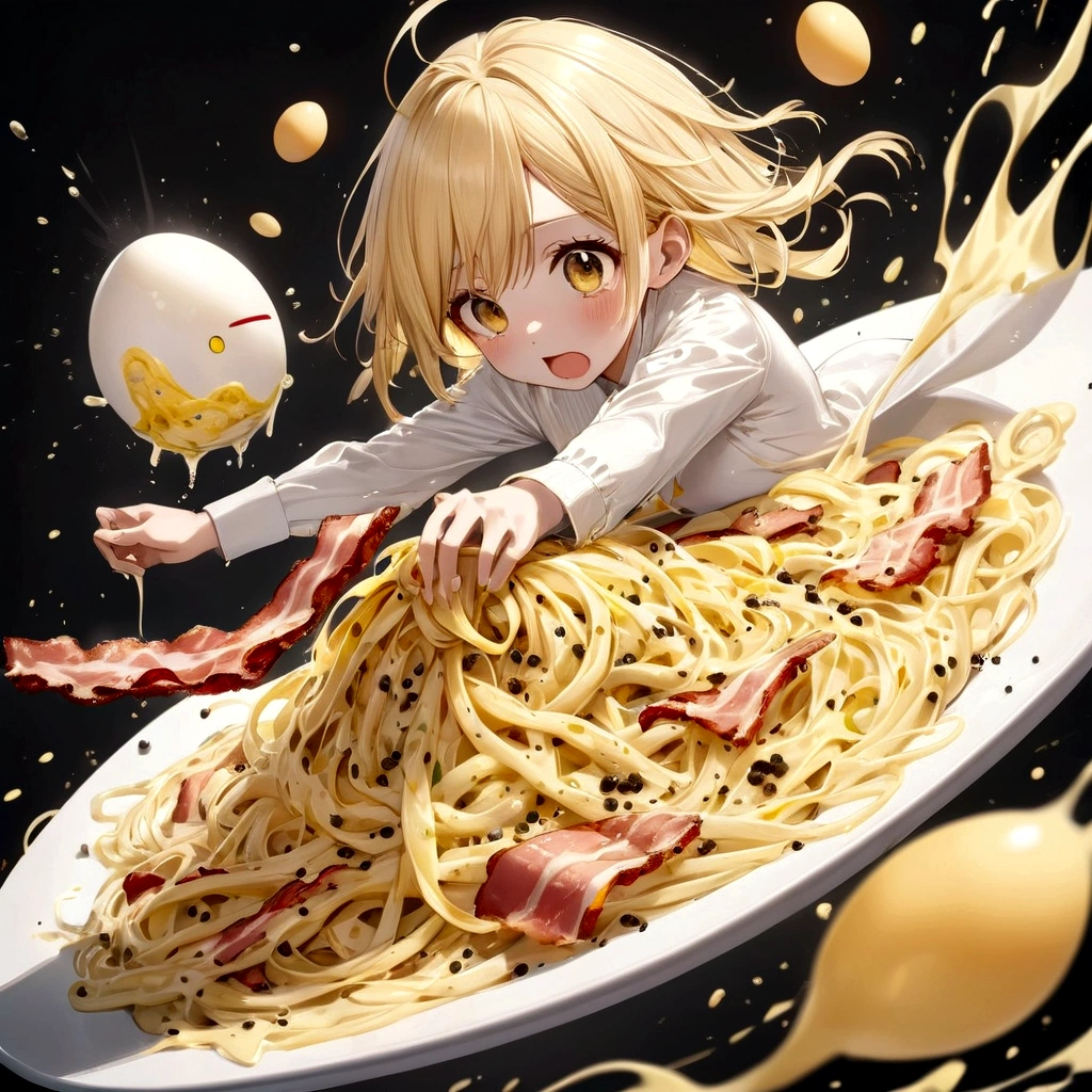 cute girl, pale yellow hair, flying egg, flying Black pepper, flying bacon, splashing carbonara pasta,
