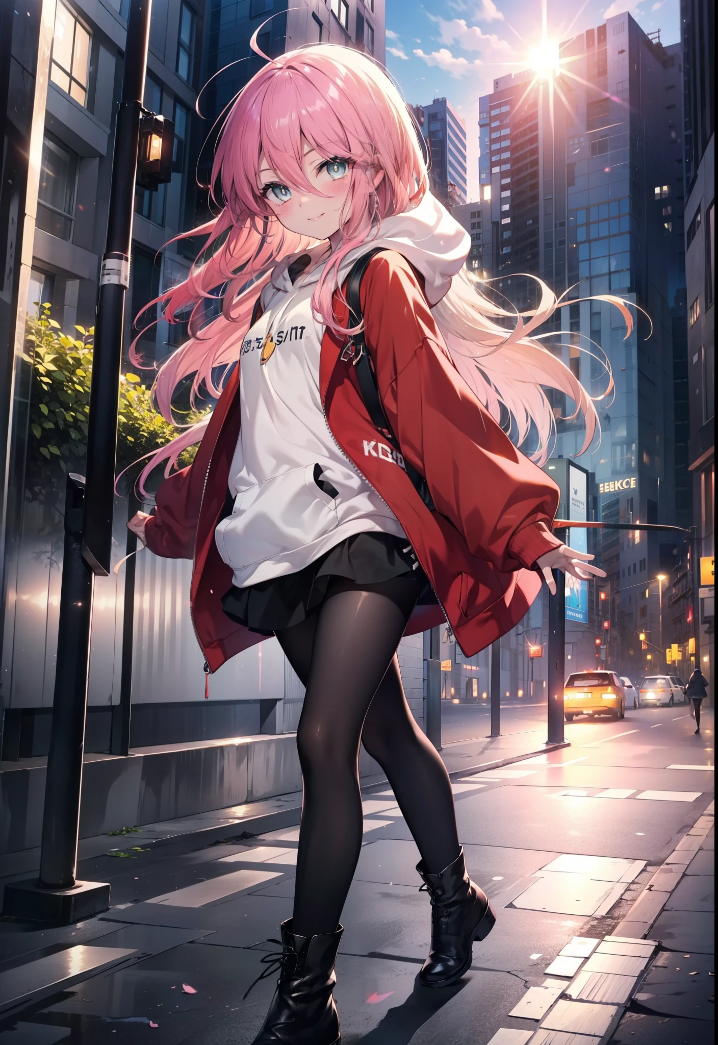 Shana,灼眼のShana,Ahoge,Long Hair,Black, Iris, Small breasts,happy smile, smile, Close your mouth,blush,Oversized red hoodie,Black long skirt,Black pantyhose,short boots,walking,morning,morning陽,The sun is rising,whole bodyがイラストに入るように,
break looking at viewer, whole body, 
break outdoors, Building district,
break (masterpiece:1.2), highest quality, High resolution, unity 8k wallpaper, (shape:0.8), (Beautiful and beautiful eyes:1.6), Highly detailed face, Perfect lighting, Highly detailed CG, (Perfect hands, Perfect Anatomy),