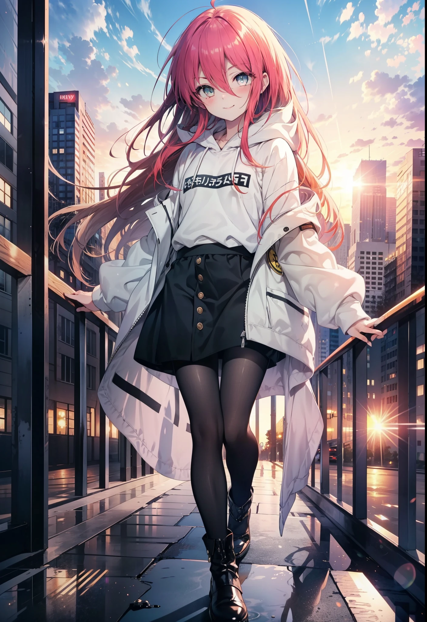 Shana,灼眼のShana,Ahoge,Long Hair,Black, Iris, Small breasts,happy smile, smile, Close your mouth,blush,Oversized red hoodie,Black long skirt,Black pantyhose,short boots,walking,morning,morning陽,The sun is rising,whole bodyがイラストに入るように,
break looking at viewer, whole body, 
break outdoors, Building district,
break (masterpiece:1.2), highest quality, High resolution, unity 8k wallpaper, (shape:0.8), (Beautiful and beautiful eyes:1.6), Highly detailed face, Perfect lighting, Highly detailed CG, (Perfect hands, Perfect Anatomy),