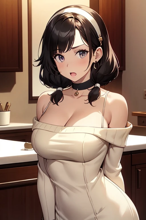 (masterpiece, best quality, intricate details, vivid colors, diffused lighting), (bedroom), (1 girl(short brown hair, purple eyes, eye shadow, beautiful makeup, black kitchen apron, cleavage, bare back, perfect body, sweaty, luscious, kneeling  on floor, looking at viewer, exapsperated face, blush, aroused)), full body shot, from above, ((cum on breasts))