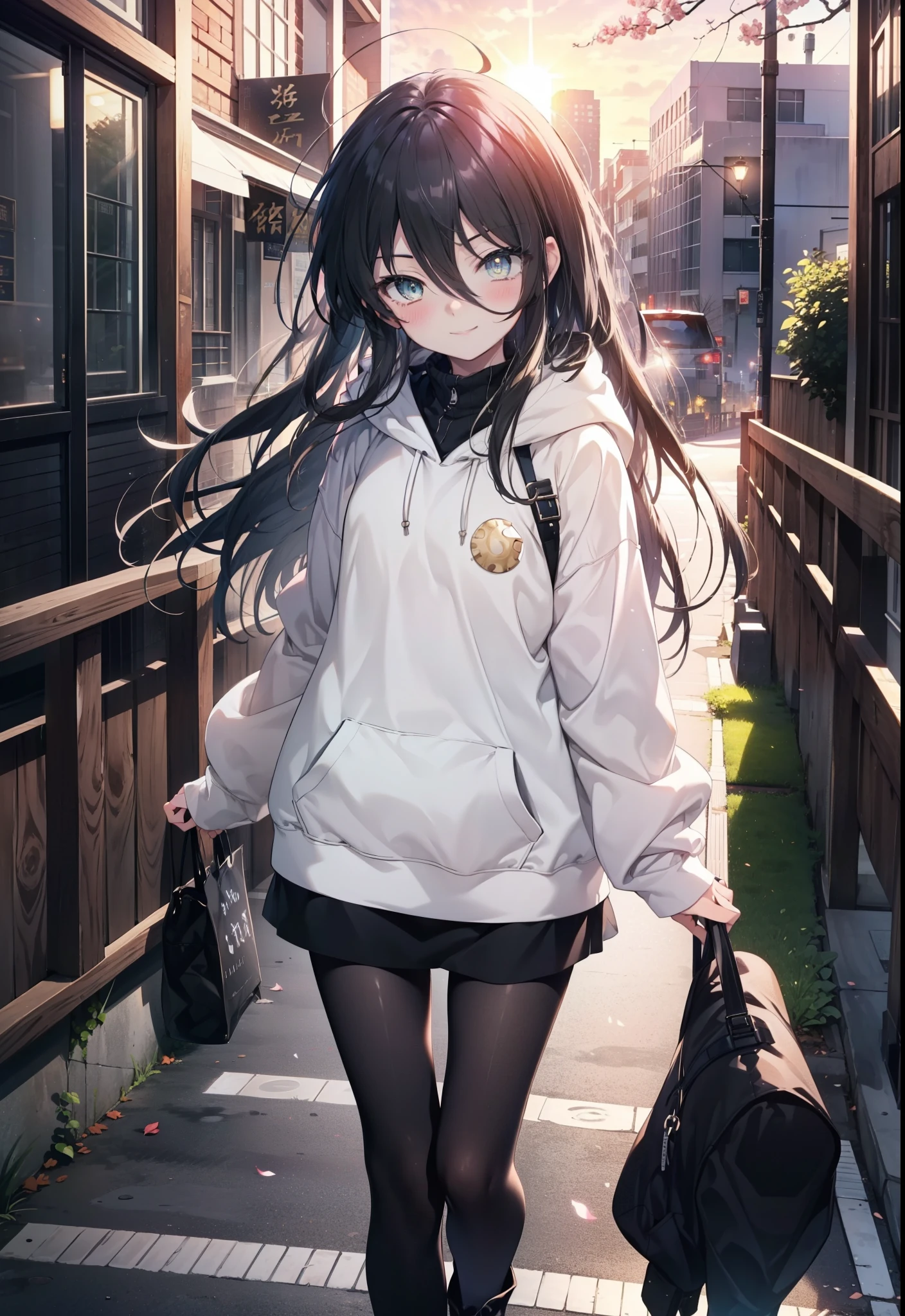 Shana,灼眼のShana,Ahoge,Long Hair,Black, Iris, Small breasts,happy smile, smile, Close your mouth,blush,Oversized hoodie,Black long skirt,Black pantyhose,short boots,walking,morning,morning陽,The sun is rising,whole bodyがイラストに入るように,
break looking at viewer, whole body, 
break outdoors, Building district,
break (masterpiece:1.2), highest quality, High resolution, unity 8k wallpaper, (shape:0.8), (Beautiful and beautiful eyes:1.6), Highly detailed face, Perfect lighting, Highly detailed CG, (Perfect hands, Perfect Anatomy),