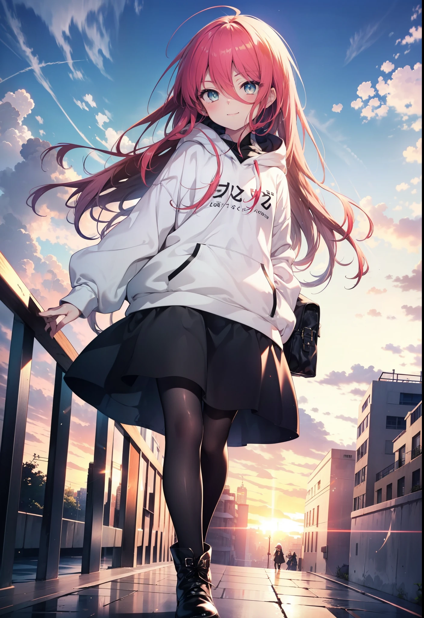 Shana,灼眼のShana,Ahoge,Long Hair,Black, Iris, Small breasts,happy smile, smile, Close your mouth,blush,Oversized hoodie,Black long skirt,Black pantyhose,short boots,walking,morning,morning陽,The sun is rising,whole bodyがイラストに入るように,
break looking at viewer, whole body, 
break outdoors, Building district,
break (masterpiece:1.2), highest quality, High resolution, unity 8k wallpaper, (shape:0.8), (Beautiful and beautiful eyes:1.6), Highly detailed face, Perfect lighting, Highly detailed CG, (Perfect hands, Perfect Anatomy),