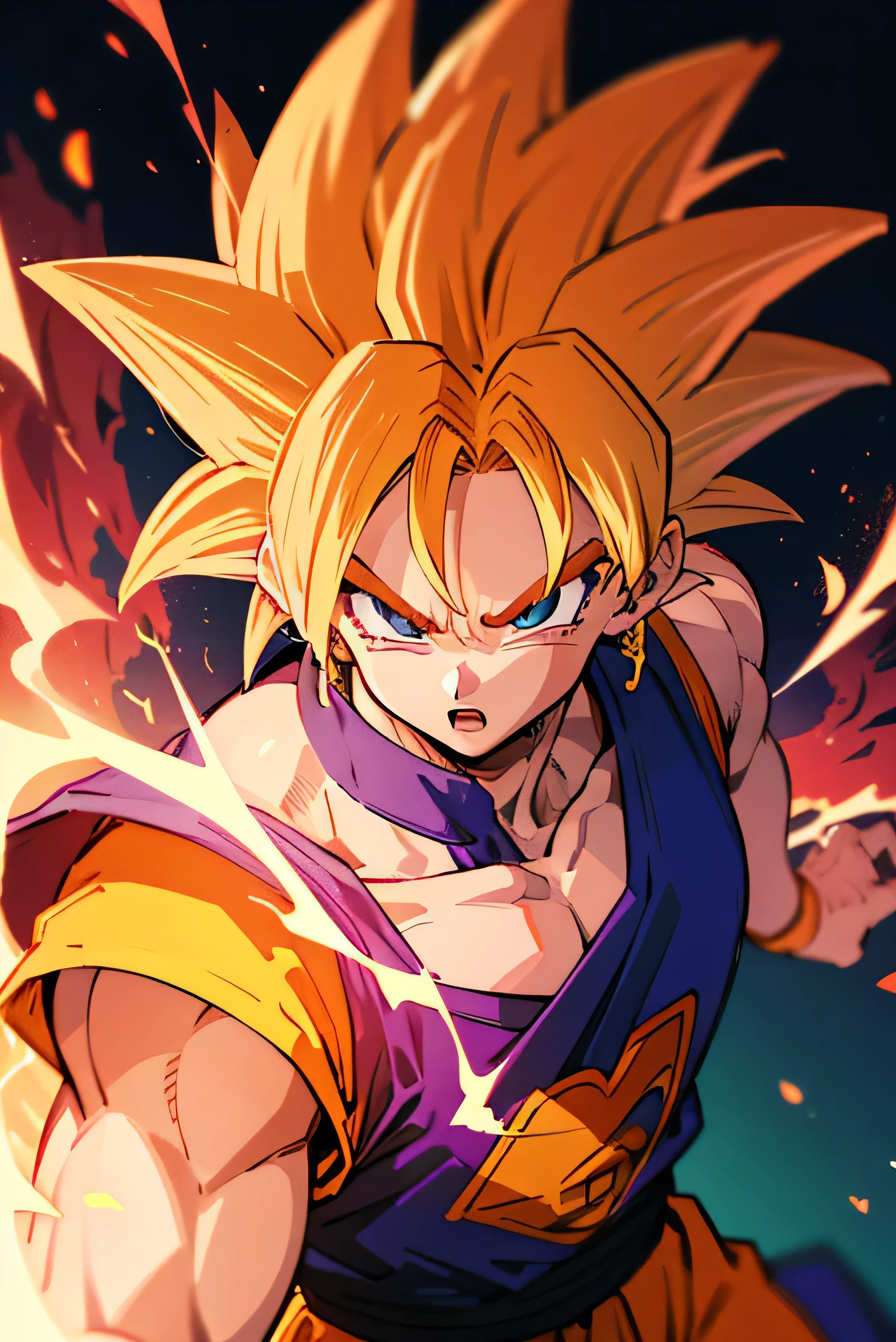 (masterpiece quality), dragon ball, Best quality at best, anime artwork, Goku, Close-up of the face, Spiky hair, Powerful muscle definition, Energy aura, Colorful background, Radiant aura, Detailed background, Action pose, Ki energy, Majin Buu, Battle scene, High-resolution vivid illustration, Dramatic lighting, High-contrast colors, Stylized details, Manga style, Ultra-detailed features, Fierce expression.