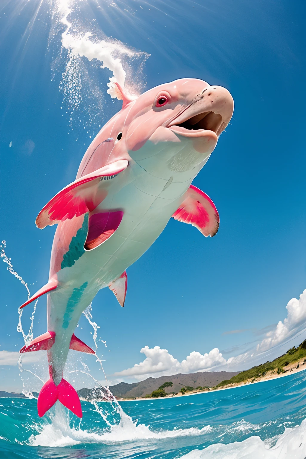 ((mejor calidad)), a pink dolphin, saltando del agua