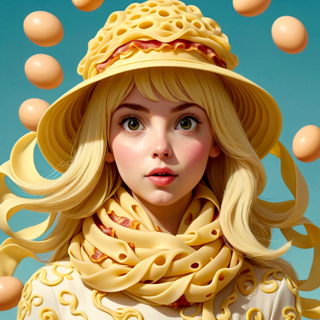 feminine girl, pale yellow hair, dress like pasta, hat that looks like an egg, bacon pattern scarf, Flying carbonara background