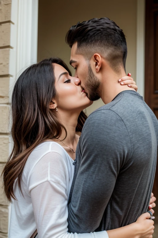 A man and a woman are kissing and hugging each other