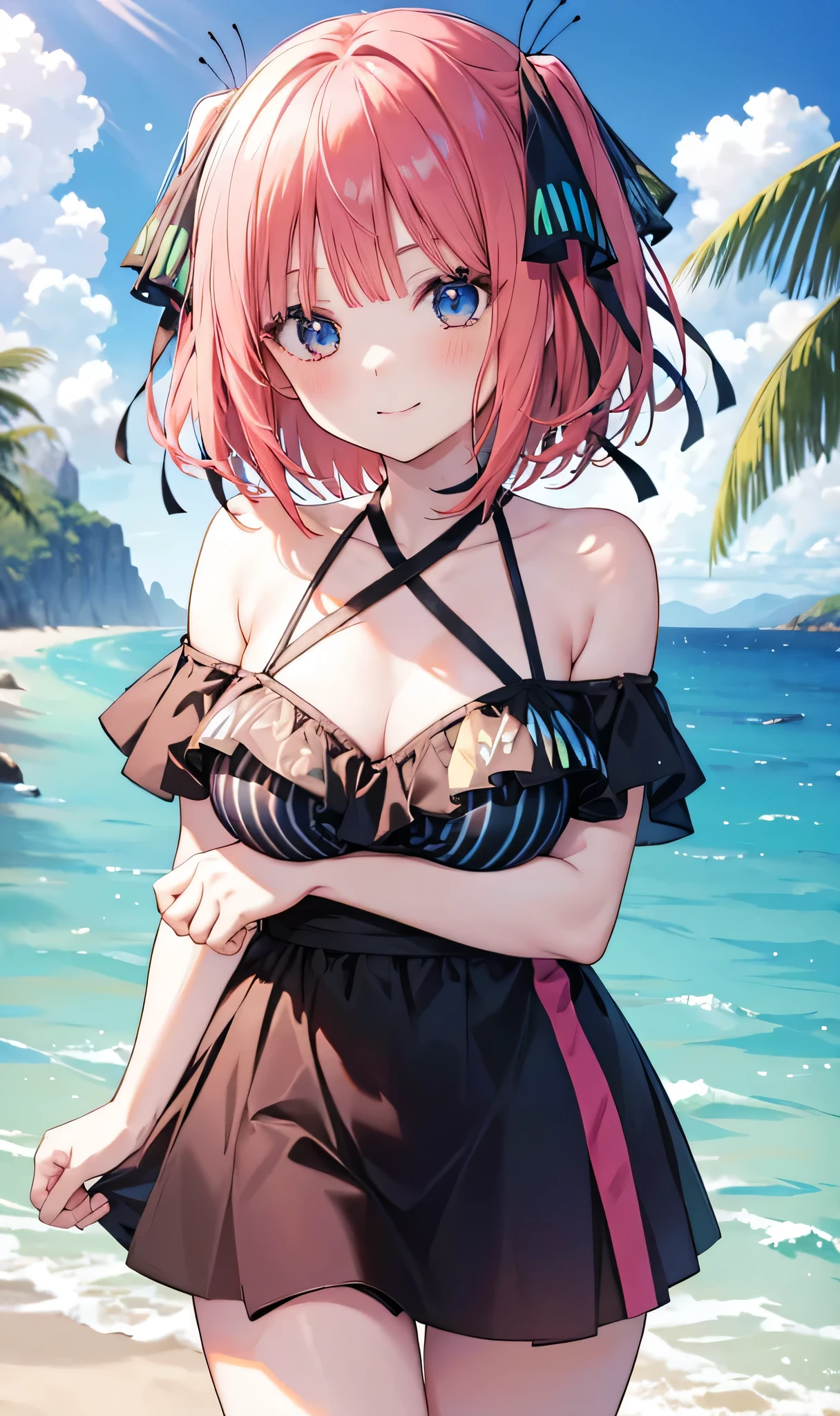 Nino Nakano is a character that appears in the anime "The Quintessential Quintuplets" 「The background is a sunny day at the sandy beach...」The eyes of this character are blue. My hairstyle is a bob cut with shockingpink color. This character is wearing a butterfly hair accessory. Please focus on this character. This character has a very lovely smile.high Quality. .. masterpiece,best quality,ultra detailed, My breast size is D cup. The background is a sunny day at the sandy beach. This character is wearing an off shoulder bikini. The off shoulder bikini has a pattern of white and black stripes.
