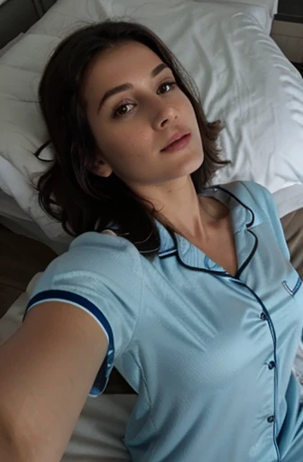 ((body selfie)), lying in bed, light blue pj's, darkness, white bed, lying diwn