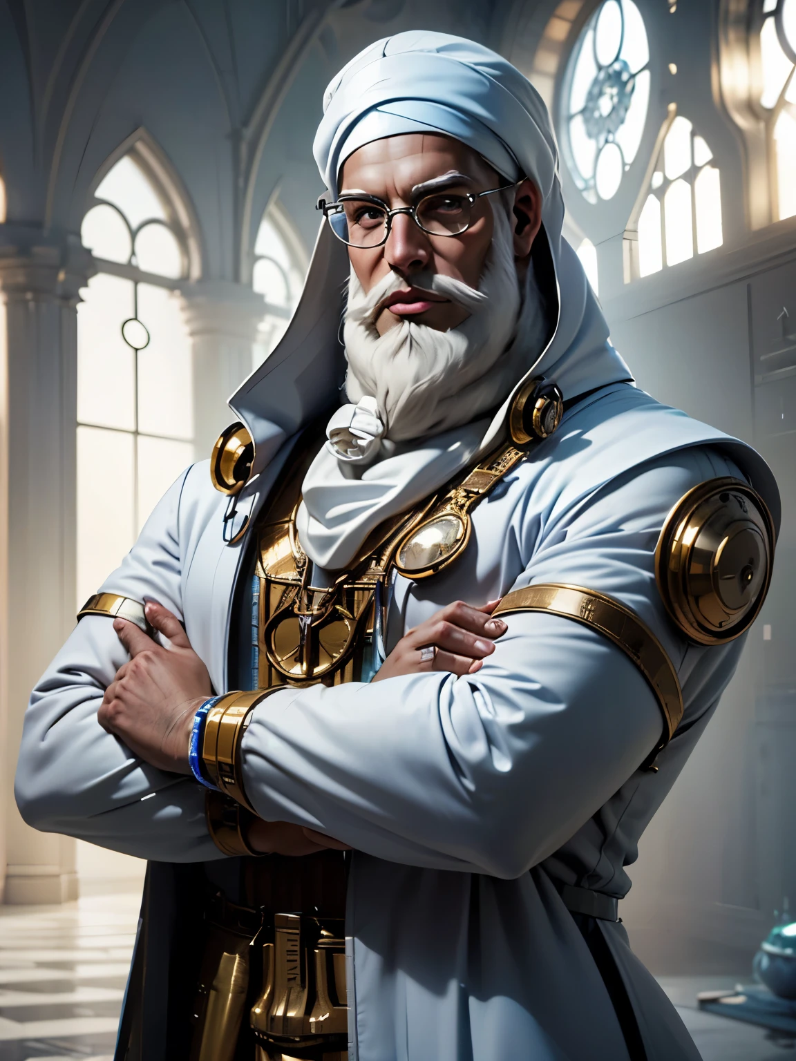 op portrait of arab male doctor in his 40s,((white head arab coat and turbin)) , (round eye glasses), (((long white beard))), muscular body, flexing,((crossing arms)), futuristic, arab-punk, holographic, ancien arab, clean white, futustic health room, lighting, bionic bodyparts