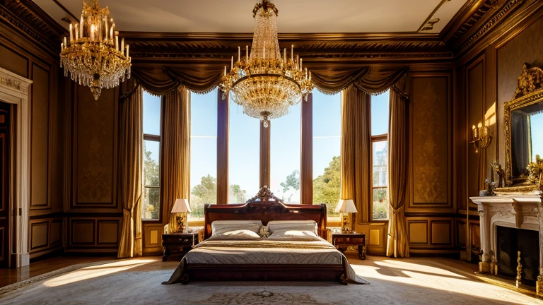 detailed realistic interior of a massive grand bedroom in a luxurious mansion, enormous bed, high ceilings, ornate furniture, elegant decor, chandelier, large windows, natural lighting, warm colors, photorealistic, 8k, masterpiece