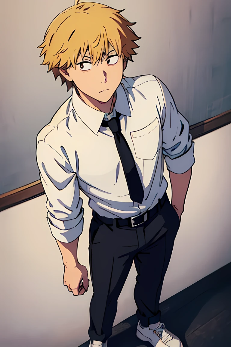 denji, neutral look, closed mouth, from above, looking at left, hands at the sides, standing, white sneakers, black necktie, white shirt, collared shirt, sleeves rolled up, black pants, belt, short hair, blonde hair, masterpiece, best quality