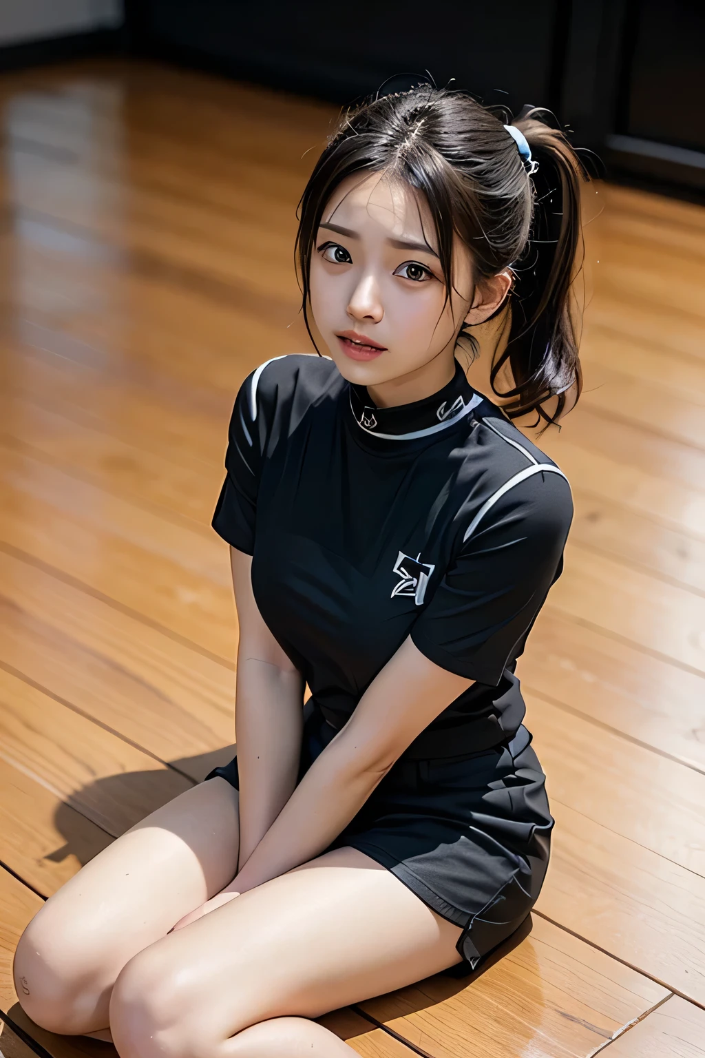 Very detailed CG Unity 8k wallpaper、highest quality、Very detailed、masterpiece、reality、reality、Very detailedなかわいい女の子、18-year-old、(Japanese women)、((Plain black short sleevesＴshirt:1.5))、((A high school girl wearing black athletics shorts:1.4))、((Shooting from the front:1.4))、((sitting with knees up on the wooden floor:1.4))、((Standing confused:1.4))、blush、Cleft lip、Looking at the audience、((Black ponytail hair:1.7))、(Beautiful Face:1.3)、(Perfect balance:1.2)、(Long legs:1.2)、(Small breasts:1.3)、((Upper Body))、((Full body shot:1.4))、Angle from below、reality、((ＴThe shirt is see-through:1.7))、