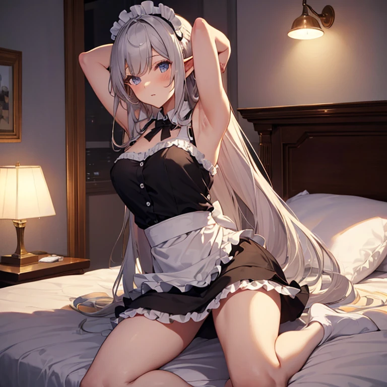 A maids, (in bedroom), various hair styles, night, details face, short skirt, seducing, sleeveless, maid uniform, armpits, elf, lay on bed