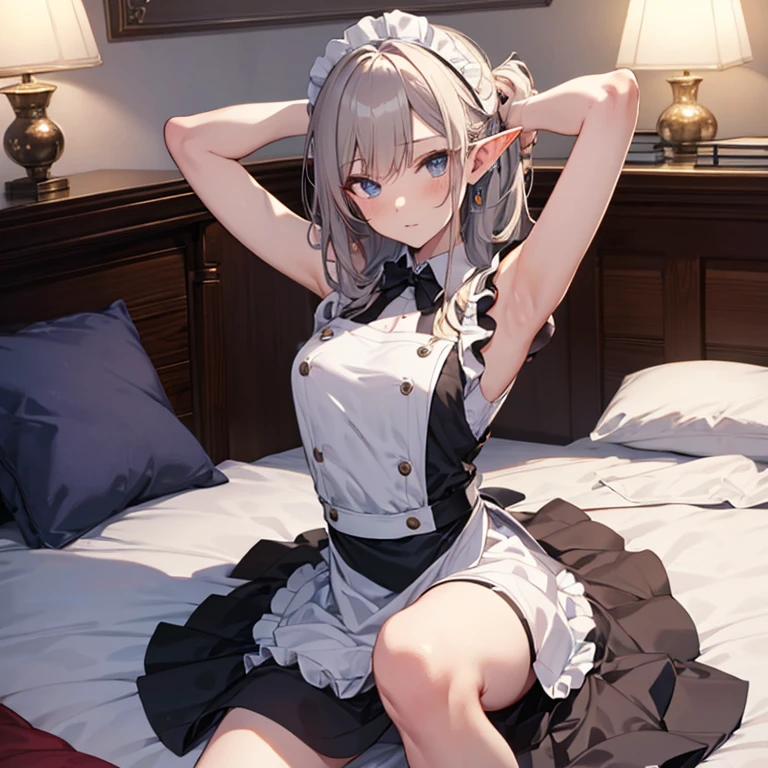A maids, (in bedroom), various hair styles, night, details face, short skirt, seducing, sleeveless, maid uniform, armpits, elf, lay on bed