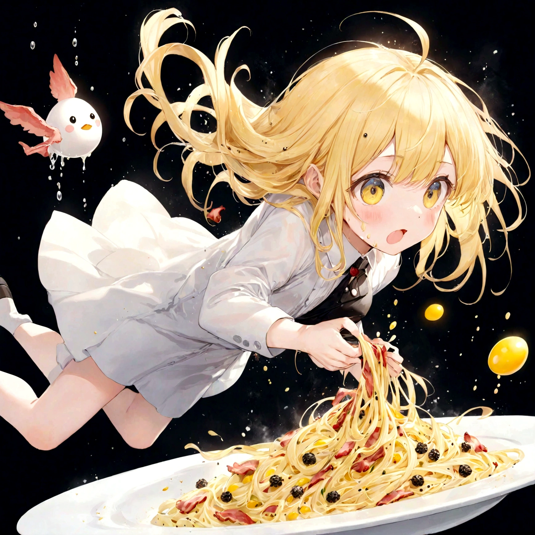 cute girl, pale yellow hair, flying egg, flying Black pepper, flying bacon, splashing carbonara pasta,