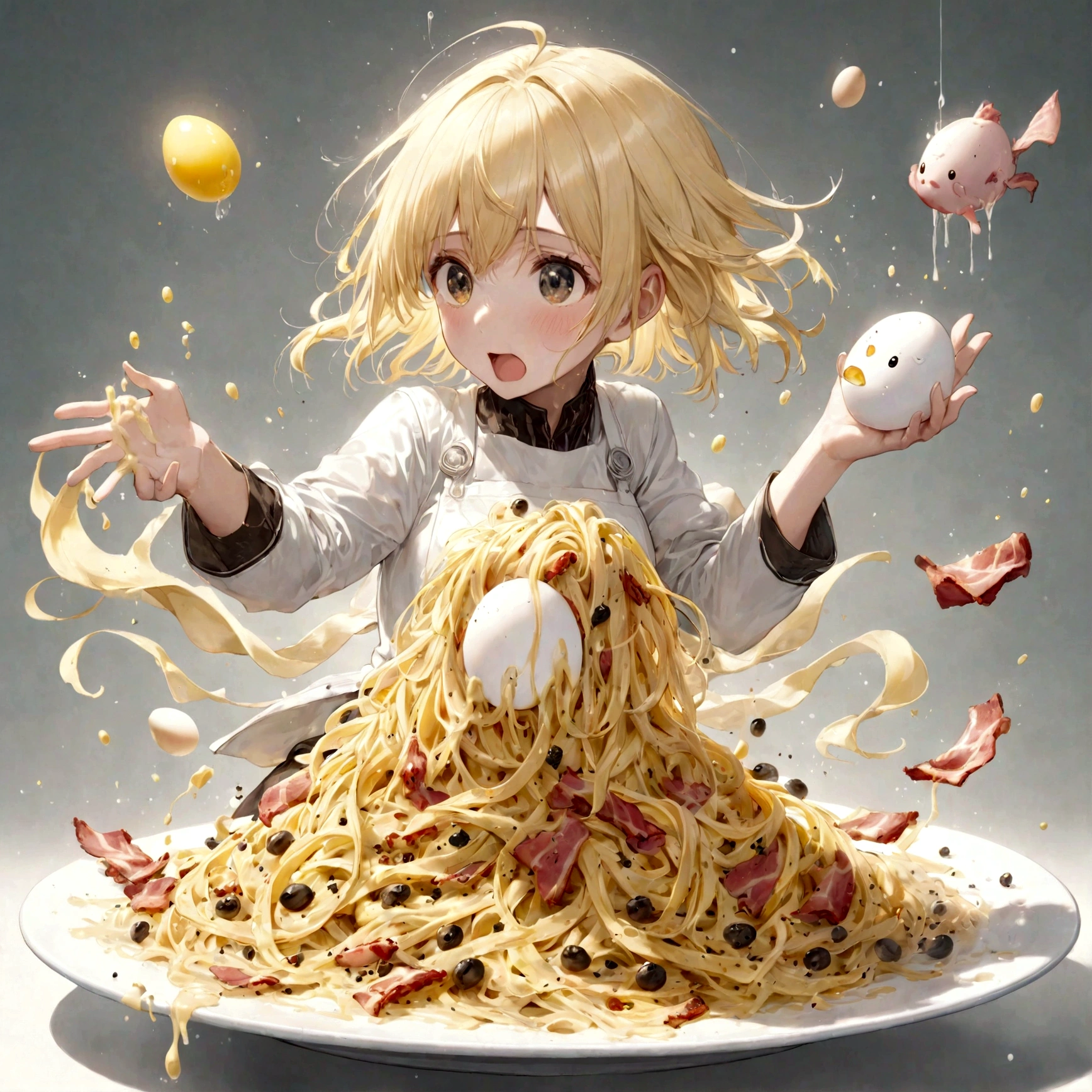 cute girl, pale yellow hair, flying egg, flying Black pepper, flying bacon, splashing carbonara pasta, 