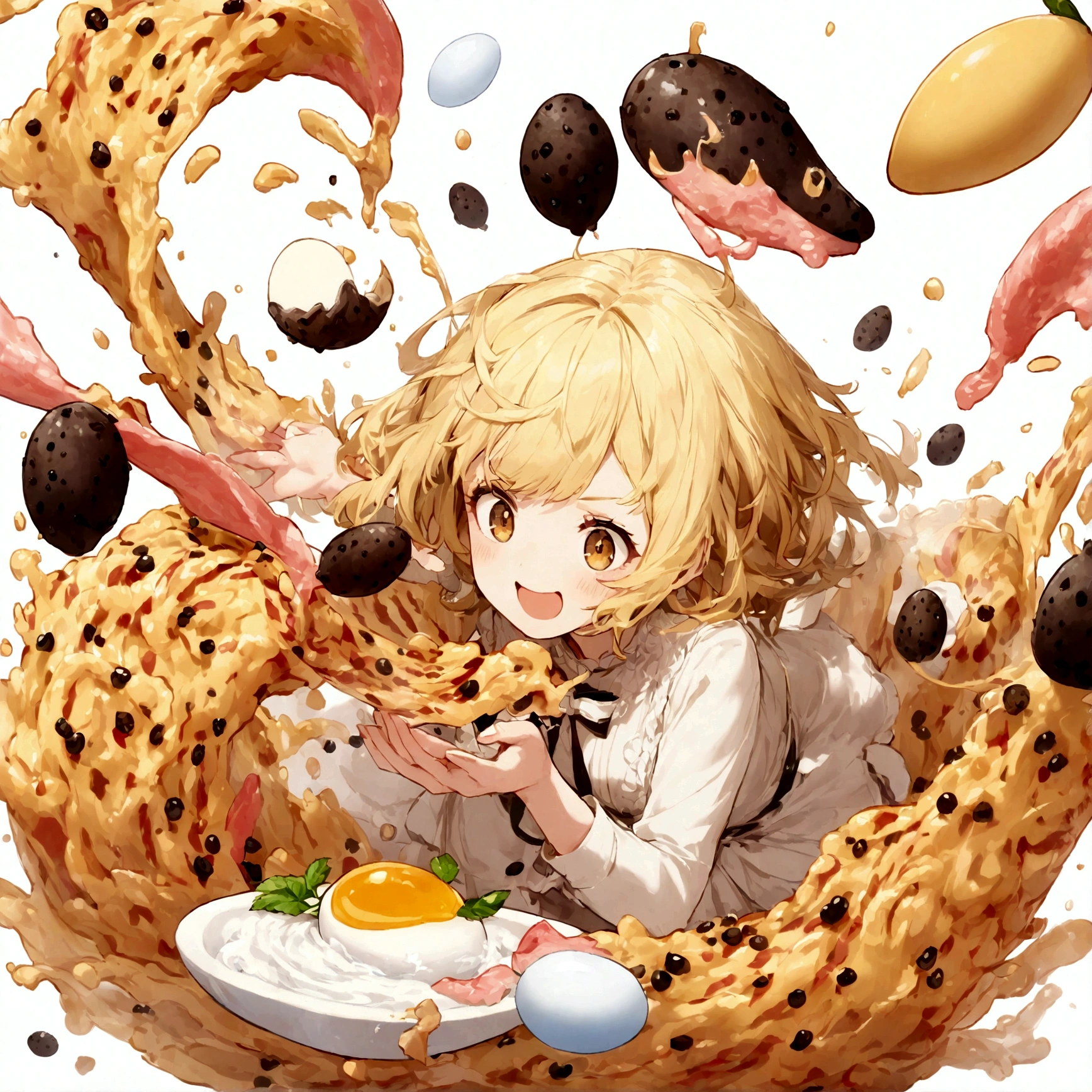 cute girl, pale yellow hair, flying egg, flying Black pepper, flying bacon, splashing carbonara pasta, 