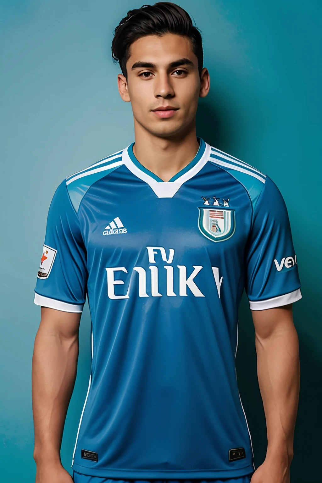 crea un uniforme de futbol con los colores azul y celeste solo uniforme