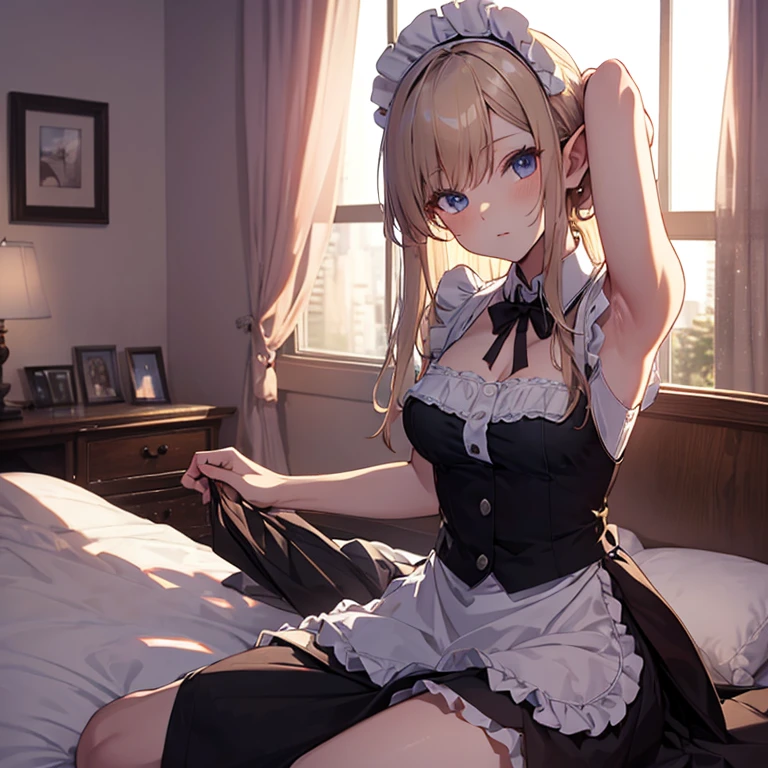 A maids, (in bedroom), various hair styles, night, details face, short skirt, seducing, sleeveless, maid uniform, armpits, elf, lay on bed