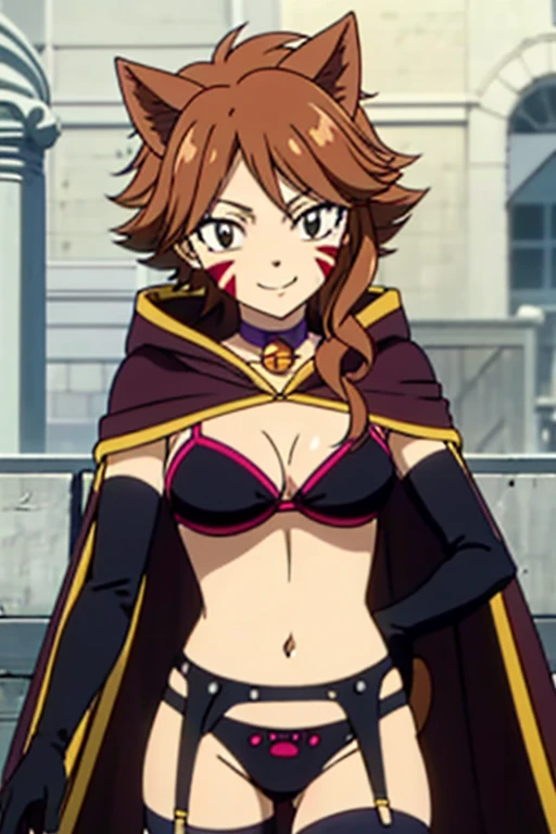 MILLIANNA, brown hair, brown hair, facial mark, whisker markings, cat ears, bikini, black bra, cape, elbow gloves, striped thighhighs, collar (or choker), bell, lingerie, garter belt, boots, cat tail, 1girl, solo, facing viewer, looking at viewer, upper body, smile