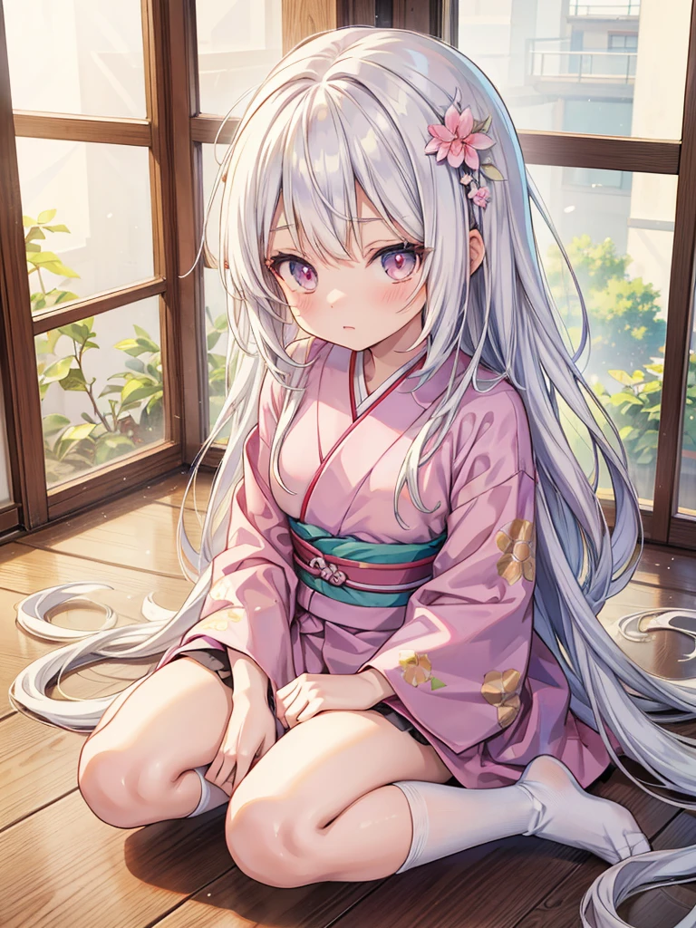 anime girl with long hair sitting on floor in room with open window, white haired deity, anime moe artstyle, beautiful anime girl squatting, in dress, seductive anime girl, in a kimono, anime visual of a cute girl, hd anime wallaper, smooth anime cg art, in a silver silk robe, splash art anime , soft anime illustration