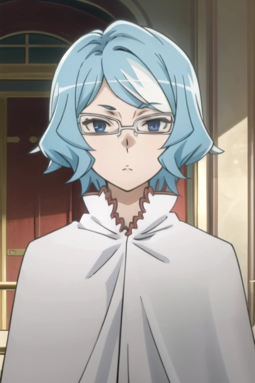 tall body, tall, long legs, mature female, mature, adult, eft_danmachi_blue, glasses, 1girl, female focus, solo, upper body, looking at viewer, blue hair, blue eyes, grey hair, parody, short hair, white cape, closed mouth, expressionless, anime coloring