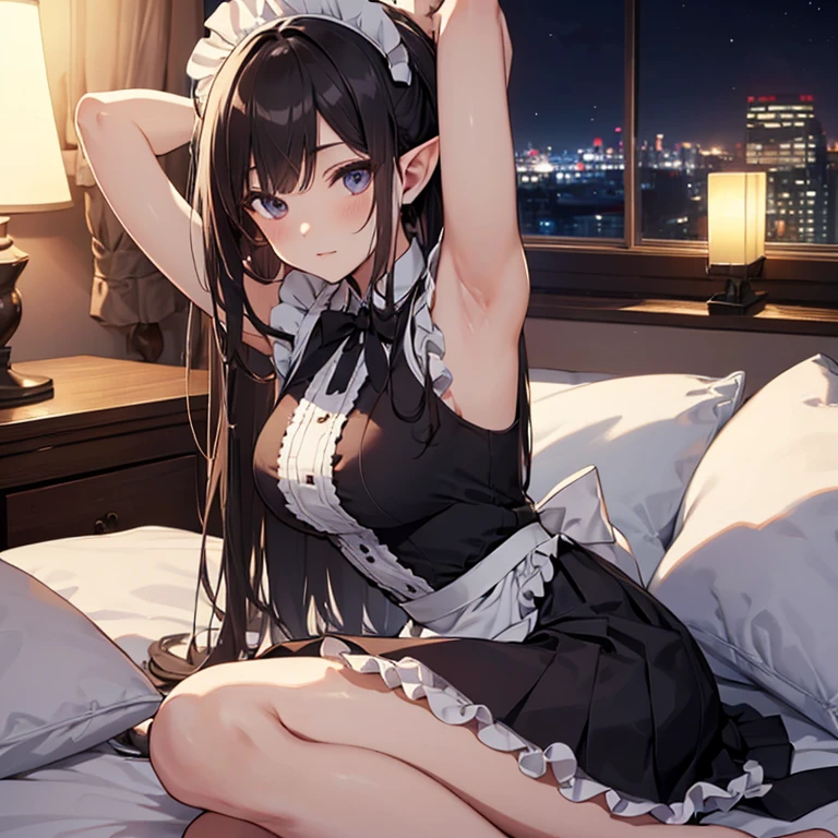 A maids, (in bedroom), various hair styles, night, details face, short skirt, seducing, sleeveless, maid uniform, armpits, elf, lay on bed