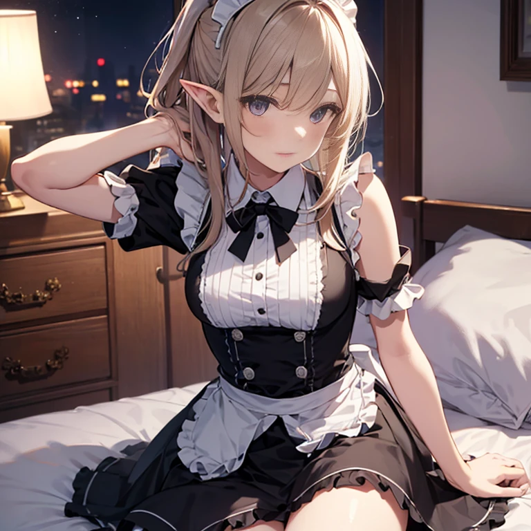 A maids, (in bedroom), various hair styles, night, details face, short skirt, seducing, sleeveless, maid uniform, armpits, elf, lay on bed