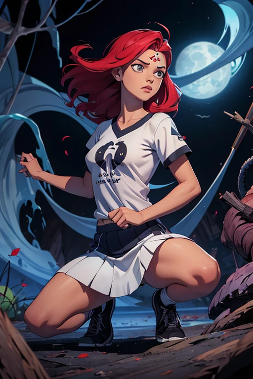 uma garota ruiva de aproximadamente dezoito anos, com olhos azuis, uma blusa branca, uma saia preta, um tenis branco, com poderes necronomicos
