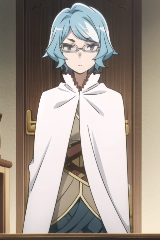 tall body, tall, long legs, mature female, mature, adult, eft_danmachi_blue, glasses, 1girl, female focus, solo, upper body, looking at viewer, blue hair, blue eyes, grey hair, parody, short hair, white cape, closed mouth, expressionless, anime coloring