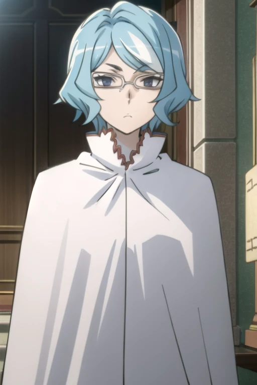 tall body, tall, long legs, mature female, mature, adult, eft_danmachi_blue, glasses, 1girl, female focus, solo, upper body, looking at viewer, blue hair, blue eyes, grey hair, parody, short hair, white cape, closed mouth, expressionless, anime coloring