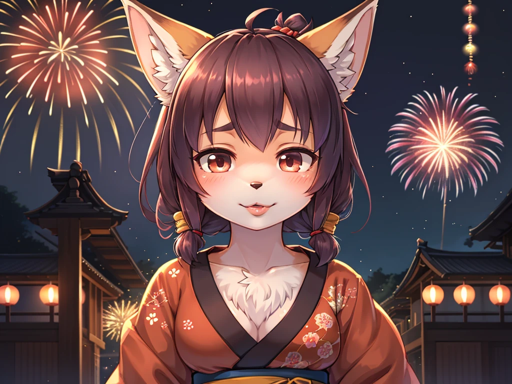 Hallucination, daydream , fantastic , Fear , bokeh , hairy fur , yukata , fox girl , hair tie , Medium hair , up hair , natsu matsuri , Japanese festival , Sensual nape , Fireworks display , look away , focus nape , Dating simulation games , 16bit game , front view , (closeup lips) , Poke out lips , glossy lips