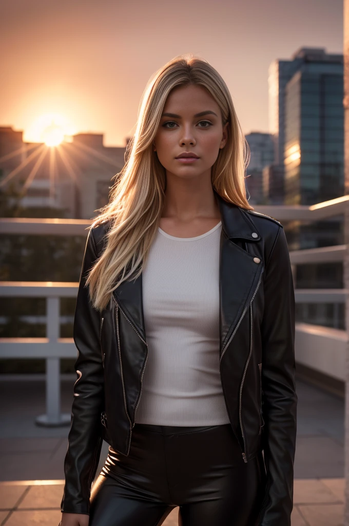 full-length, white, blonde woman standing in a whistler square ( - Canada), wearing a green leather jacket over a thin, transparent low-cut tank top. She wears matte black leather pants. The woman has a beautiful, toned,  body. The image is realistic, highly detailed. Very high resolution, 8k rendering, late afternoon lighting with the sun setting and the horizon red. The city lights are on. The lighting is perfect, the scene is sharp, extreme realism, cinematic image.