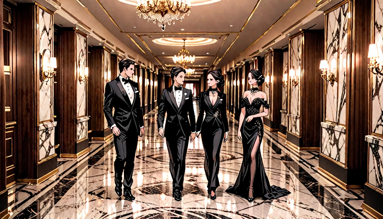 luxurious hotel hallway, marble, opulent, elegant, rich people discussing, hotel staff