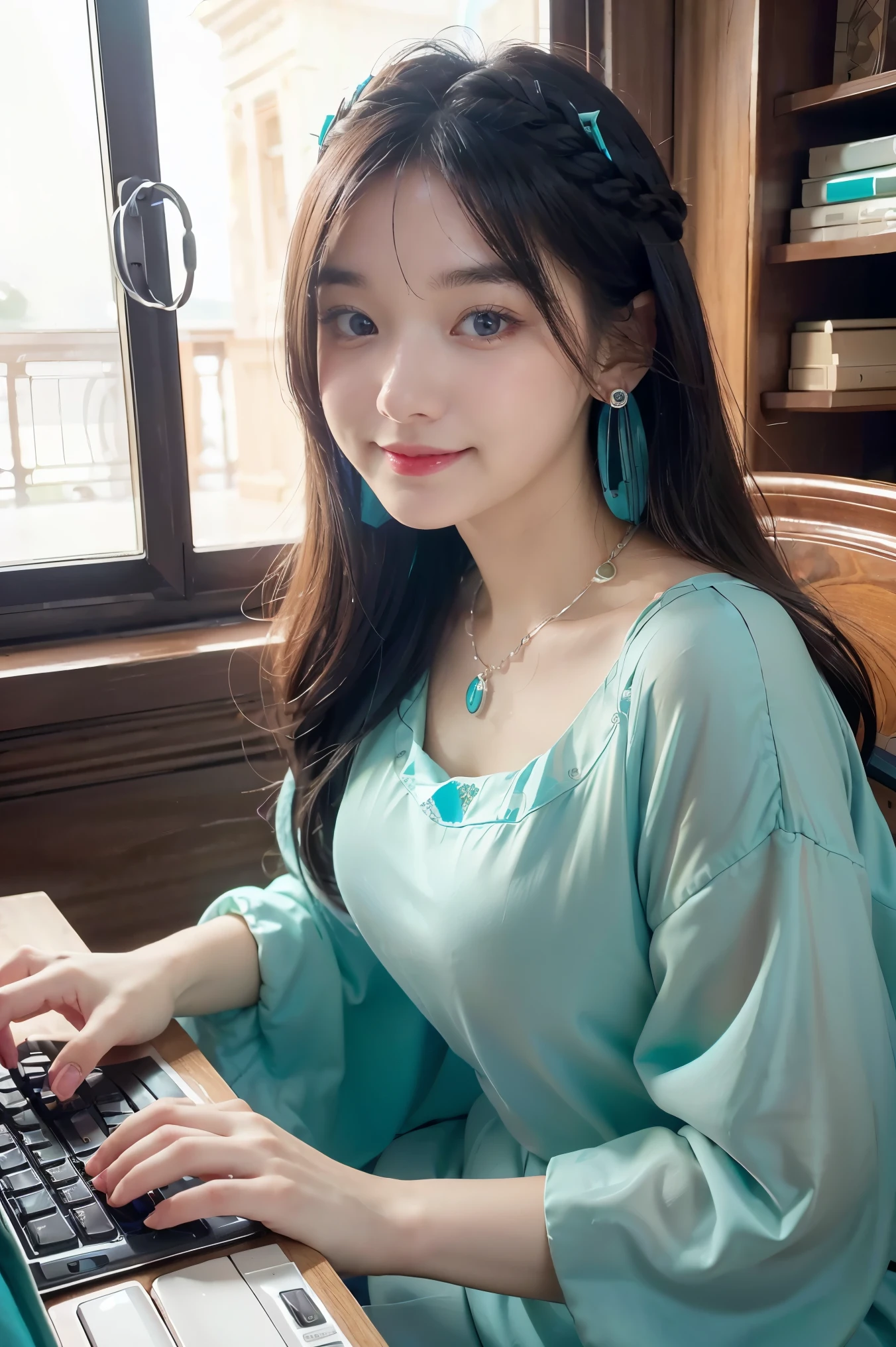 masterpiece, best quality, ultra-detailed, illustration,(1girl),beautiful detailed eyes, looking at viewer, (holding a computer keyboard), happy, (turquoise hair:1), (blue rounded eyes:1), (round earring), (turquoise big gem necklace), cute round face, long hair, smile, fantasy chinese clothes