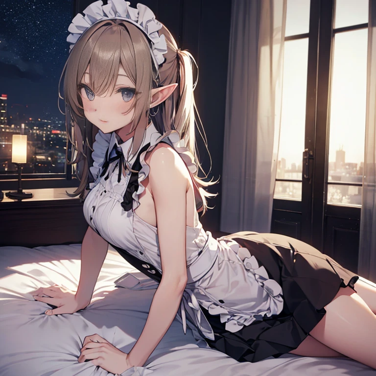 A maids, (in bedroom), various hair styles, night, details face, short skirt, seducing, sleeveless, maid uniform, armpits, elf, laying on bed