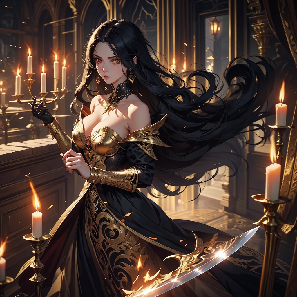 A breathtaking artwork of a female character of unimaginable beauty, set in a dark and opulent environment. The full-body view reveals an impressive figure, exuding an aura of power and mystery. She wears black and gold clothes, radiating a luxurious darkness. Her armor is detailed and characteristic, with intricate golden designs that shimmer in the dim light. Ornate shoulder pads protect her shoulders, and the armor perfectly molds to her body, accentuating her formidable presence. Her long black hair flows like a river of darkness, contrasting with her mesmerizing scarlet eyes. Her beauty is almost supernatural, a perfect blend of grace and menace. She wields a cursed blade that seems to pulse with malevolent energy, enhancing her aura of danger. The setting around her is a gothic and luxurious environment, with dark arches and stained glass windows that filter a supernatural light. In the background, candles flicker, casting dancing shadows on the intricately carved stone walls. It is a place that blends elegance and terror, perfectly reflecting the essence of the character.