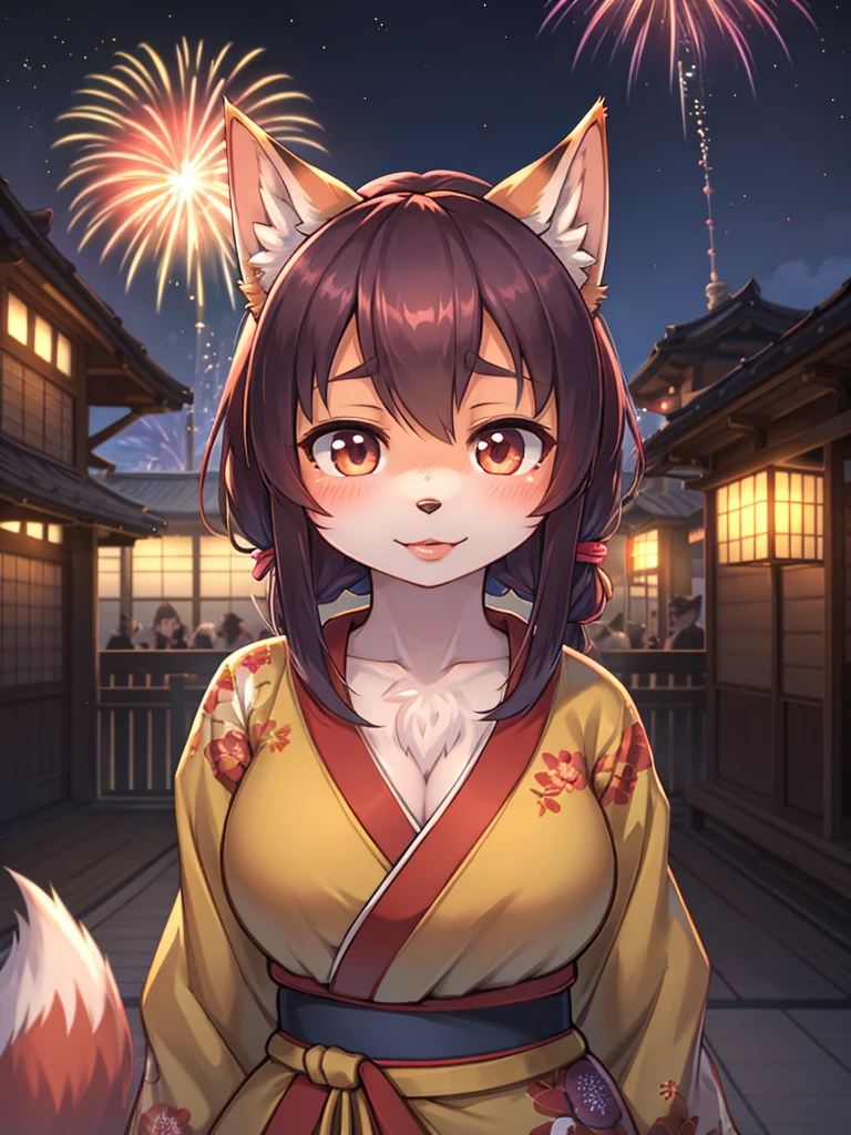 Hallucination, daydream , fantastic , Fear , bokeh , hairy fur , yukata , fox girl , hair tie , Medium hair , up hair , natsu matsuri , Japanese festival , Sensual nape , Fireworks display , look away , focus nape , Dating simulation games , 16bit game , front view , (closeup lips) , Poke out lips , glossy lips
