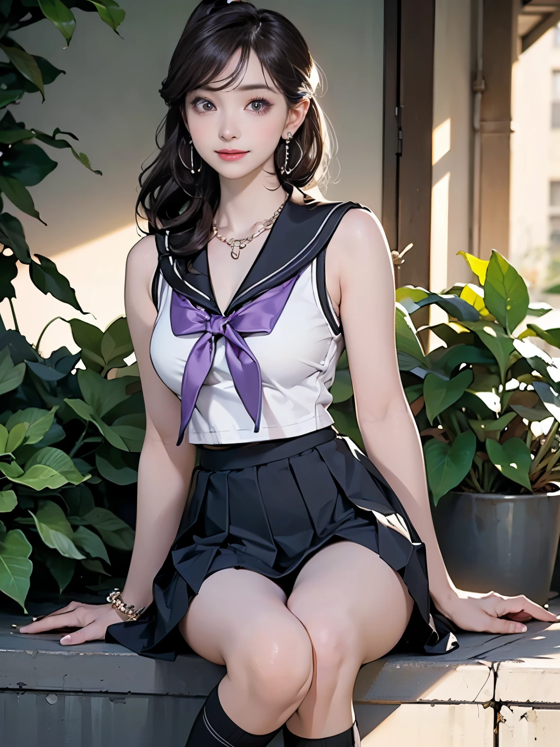 ((((highest quality))))、(((Ultra-precision CG16K wallpaper)))、(((masterpiece)))、(((Super detailed)))、(((Extreme detail)))、((１Mature 29 year old devilish woman:1.6))、((Very beautiful Japanese faces))、((Zuo々Nozomi:1.8))、((Soft wavy medium long ponytail hair、blunt bangs:1.5))、(Shiny brown hair:1.5)、Delicately drawn and beautiful face、Brown Eyes、eyeliner、Eyeshadow、High nose、Small nostrils、Small Mouth、Seductive lips、Beautiful breasts、((C cup size breasts))、Cleavage、Beautiful feet、eight-headed body、Perfect proportions、Perfect Anatomy、Perfect composition、Beautiful detailed shading、Beautiful, natural lighting、Beautiful detail glow、Depth of written boundary、(((High chroma)))、(((Real:1.9)))、((vivid:1.5))、((Beautiful Skin))、((Skin Texture))、((Realな皮膚感))、(((Cowboy Shot:1.6)))、((front view、shoot from front、Front low angle:1.6))、(((smile:1.5)))、((The woman is looking at this、looking at viewer:1.6))、Bright daylight、Natural light、(((Promenade、Plants:1.5)))、(A pose to seduce a man:1.6)、(((High school girl sleeveless sailor uniform&Matte black low rise pleated mini skirt:1.7)))、((Scrunchie Ribbon、necklace、Wearing earrings:1.5))、((Knee-high socks:1.3))、