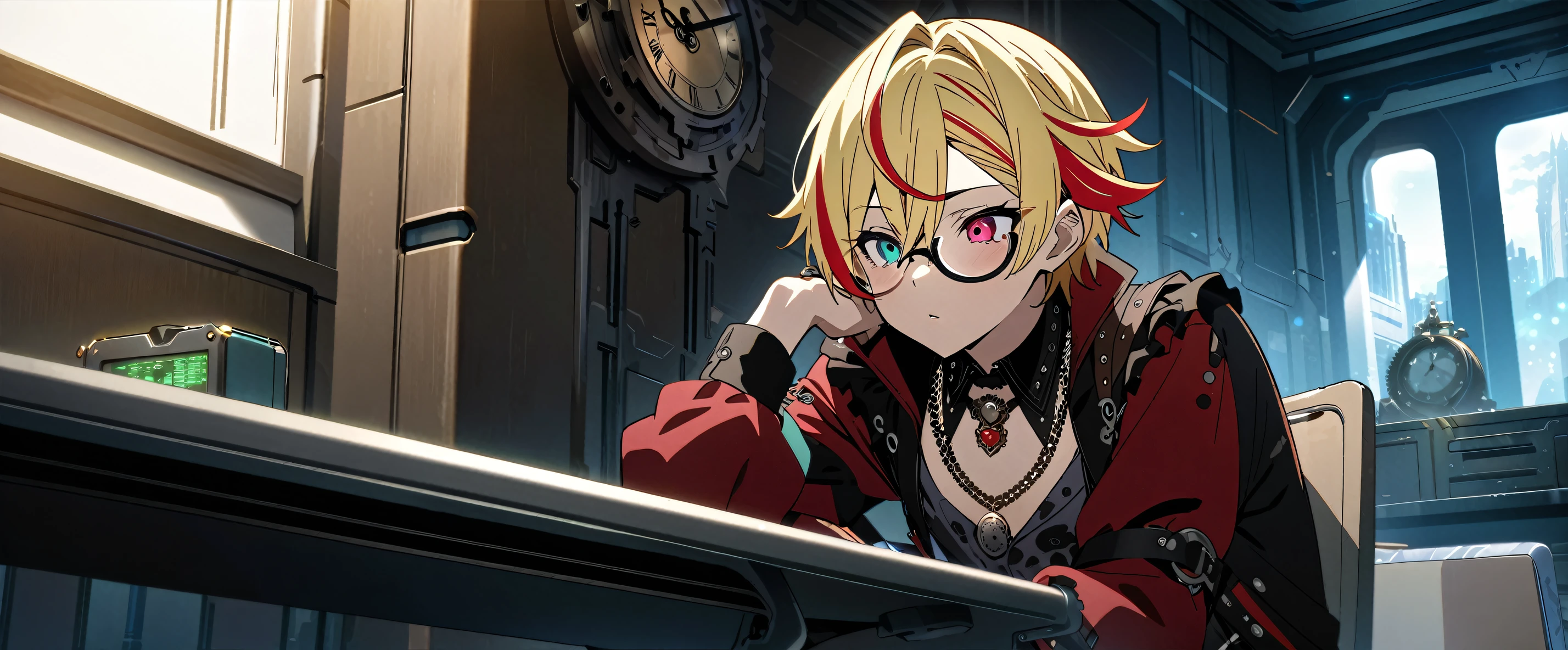 (((masterpiece,highest quality))),((Androgynous anime male with short red and blonde hair in a steampunk outfit)),((One Man)),(((streaked hair))),((Visual kei outfits)),(sitting on a chair looking at a tablet at a desk),((Wears stylish, thick-framed glasses)),((Blue and red heterochromia)),((Clock and gear motif necklace,A brooch with a clock and gear motif)),Expression of contemplation,A room in a futuristic, inorganic building,anime