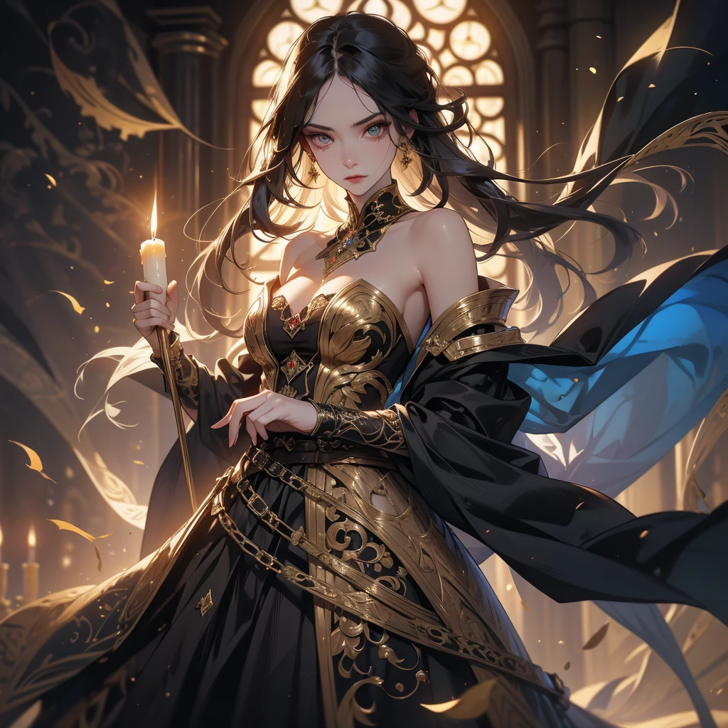 A breathtaking artwork of a female character of unimaginable beauty, set in a dark and opulent environment. The full-body view reveals an impressive figure, exuding an aura of power and mystery. She wears black and gold clothes, radiating a luxurious darkness. Her armor is detailed and characteristic, with intricate golden designs that shimmer in the dim light. Ornate shoulder pads protect her shoulders, and the armor perfectly molds to her body, accentuating her formidable presence. Her long black hair flows like a river of darkness, contrasting with her mesmerizing scarlet eyes. Her beauty is almost supernatural, a perfect blend of grace and menace. She wields a cursed blade that seems to pulse with malevolent energy, enhancing her aura of danger. The setting around her is a gothic and luxurious environment, with dark arches and stained glass windows that filter a supernatural light. In the background, candles flicker, casting dancing shadows on the intricately carved stone walls. It is a place that blends elegance and terror, perfectly reflecting the essence of the character.