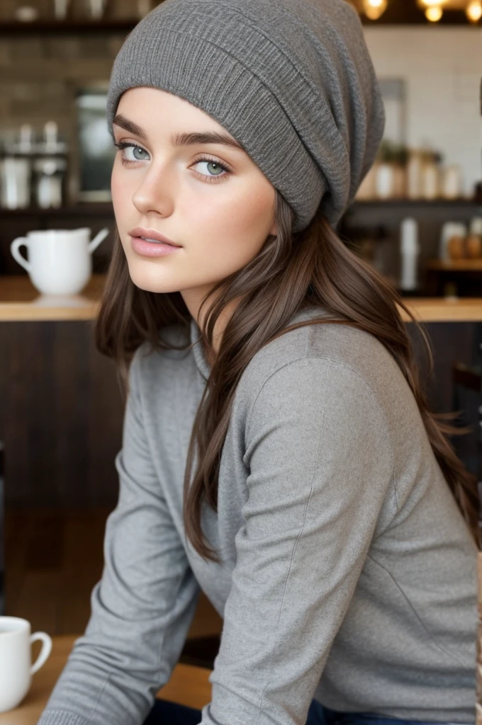 1 fille dans, 19 ans, Seulement, Aesthetic work, Brune irlandaise, wavy brown hair, cheveux bruns mi-longs, yeux gris, yeux gris clair, quelques petites taches de rousseur, pale skin, Bonnet B, seins de taille moyenne, pull-over, clivage, pale, ombres dures, Beau corps, detailed skin texture, sitting in a cafe, Next to'a table with coffee cups, souriant, ambiance chaleureuse, ambiance hivernale, Low lighting, les gens derrière regardent, (fond d'extremely detailed 8K display), soft lighting, High quality, Grains de films, Mise au point nette du Fujifilm XT3, f5.6, 50mm, high detail, Sharpness, (natural light), beau corps, crazy details, Intricate details, super detailed, SFW
