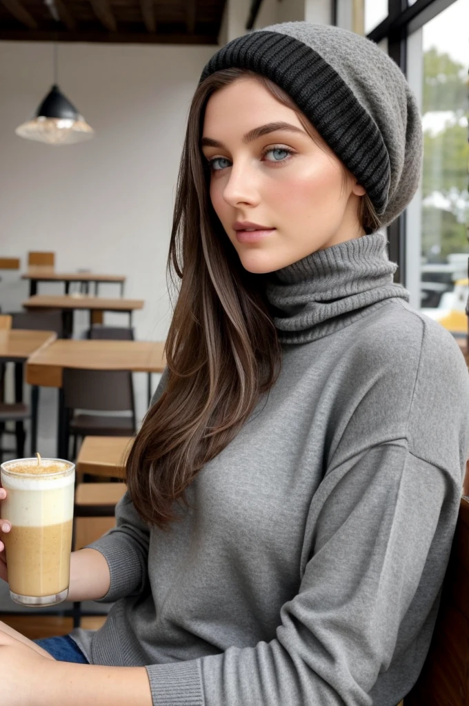 1 fille dans, 19 ans, Seulement, Aesthetic work, Brune irlandaise, wavy brown hair, cheveux bruns mi-longs, yeux gris, yeux gris clair, quelques petites taches de rousseur, pale skin, Bonnet B, seins de taille moyenne, pull-over, clivage, pale, ombres dures, Beau corps, detailed skin texture, sitting in a cafe, Next to'a table with coffee cups, souriant, ambiance chaleureuse, ambiance hivernale, Low lighting, les gens derrière regardent, (fond d'extremely detailed 8K display), soft lighting, High quality, Grains de films, Mise au point nette du Fujifilm XT3, f5.6, 50mm, high detail, Sharpness, (natural light), beau corps, crazy details, Intricate details, super detailed, SFW