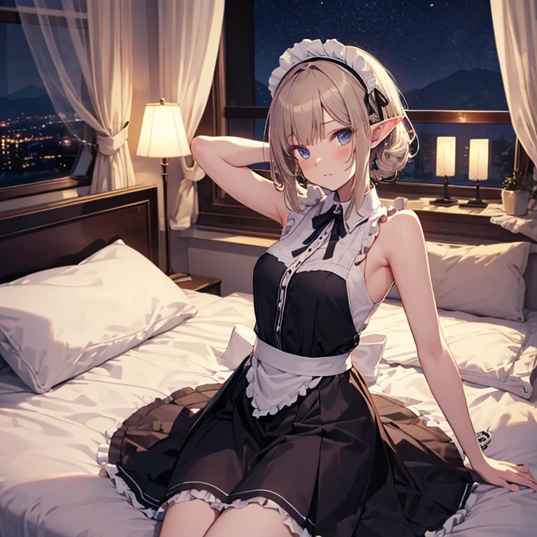 A maids, (in bedroom), various hair styles, night, details face, short skirt, seducing, sleeveless, maid uniform, armpits, elf, laying on bed