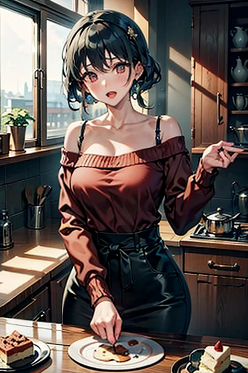 masterpiece, yor, 1girl, Amazing Cleavage:1.3, thin waist, big ass, Raised sexy, medium breast: 1.3 posed cleavage:1.2、solo, looking at viewer, open mouth, have a cup of coffee,black hair, red eyes, dress, bare shoulders, jewelry, collarbone, sidelocks, hairband, earrings, indoors, off shoulder, :o, sweater, arms behind back, plant, short hair with long locks, white hairband, off-shoulder dress, sweater dress, off-shoulder sweater, red sweater, big side hair, very long side hair,is rendered in (masterpiece: 1.2, best quality), with (ultra high resolution) and an exquisite (depth of field). This masterpiece is not only visually stunning but also tells, make of cooking some cakes ,in the kitchen,open mouth smile((leather thigh high boots))(garter belt),((black hair)),blush、surprised face,
