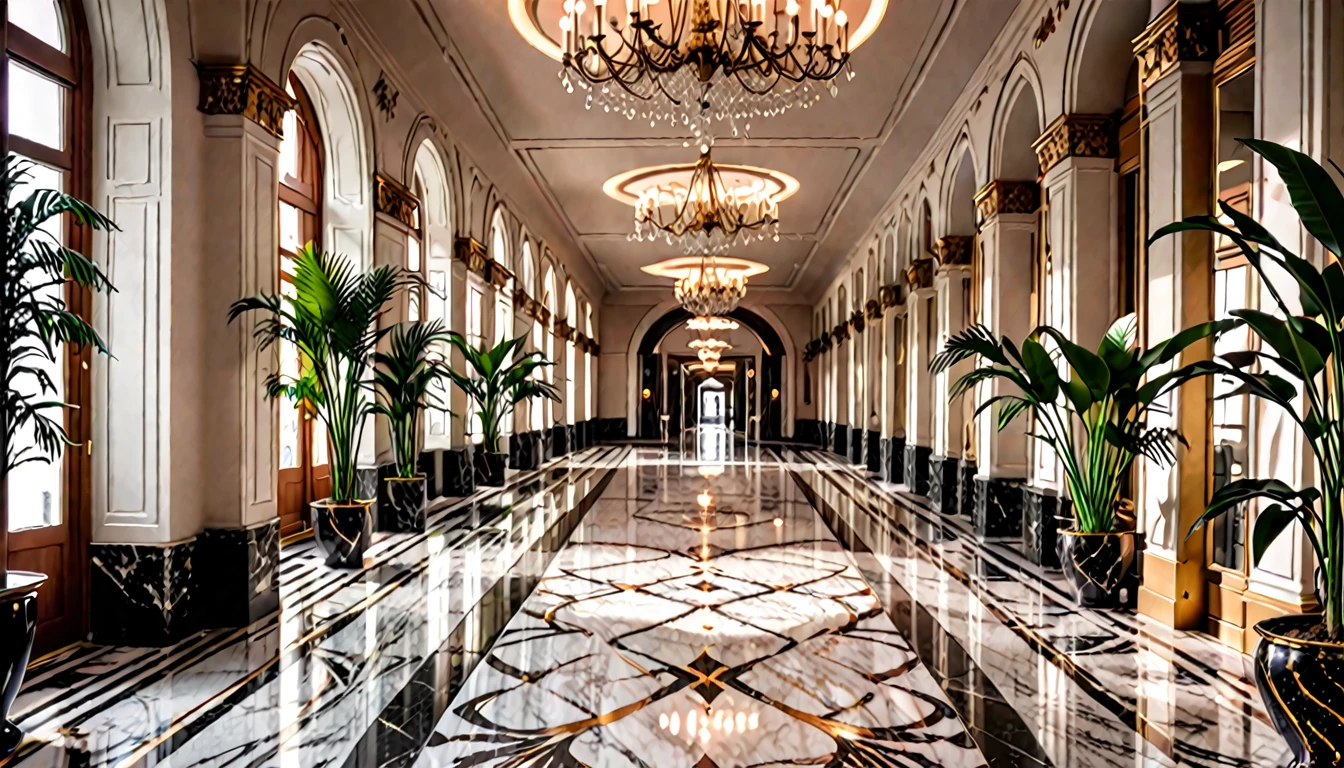 luxurious hotel hallway, marble, opulent, elegant, plants, 