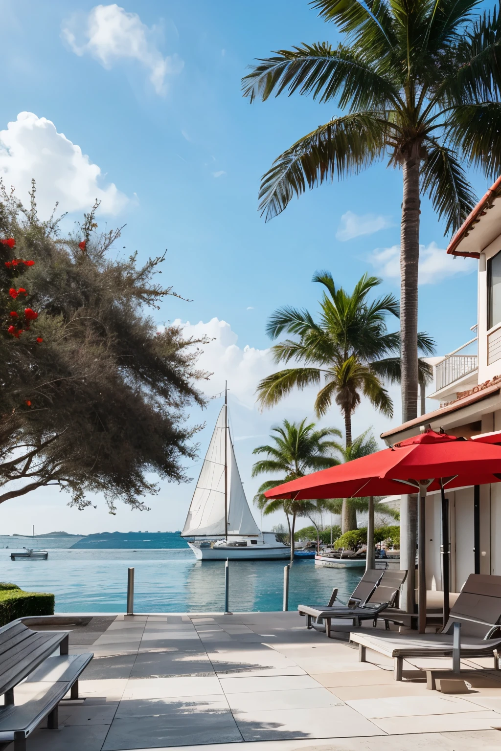 Generate an image featuring a simple, minimalist, vectorized and vibrant colors of a water-front with a red and grey pavement. Include a tall palm tree on the right side,a single bench,, white sailing boat at the horizon and set the scene against a clear blue sky.
