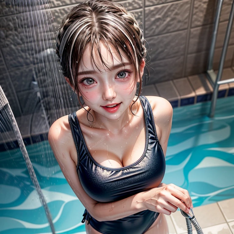 SFW, (Snapshot of girls having fun, open shower room by the pool), Braid hair, With bangs、(School Swimwear), the body is covered with juice、Sweating、be sweaty、Wet pearl skin, ((Wet swimsuit)), Perfect Lighting, Clear Focus, (bokeH:1.4), Roundly butts, { (shower:1.4) | (Kissing face to face) | Overflowing Gigantic sideboob | Butt cruck | (from above:1.4) }, hidden hands . BREAK (NOGIZAKA girls)  ((Extremely Detailed very KAWAII face variations)), perfect anatomy, Childish, captivating gaze, elaborate detailed Eyes with (sparkling highlights:1.28), long eyelashes、Glossy RED Lips with beautiful details, Coquettish tongue, Rosy cheeks . { (Dynamic joyful expressions) | (:d) }, (no large eyes) . (close-up:1.28)