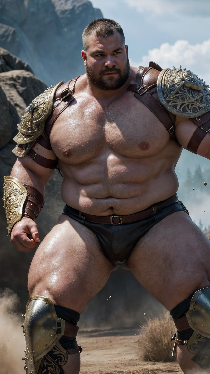 looking at me, face, a fat gentle barbarian, mid combat, leather armor, legs exposed from thighs to feet, fierce, battleground background, masterpiece, volumetric lighting, Dramatic, He is ejaculating semen, ((ultra sharp)), ((masterpiece)), ((best quality)), ((ultra detailed)), ((intricate details)),