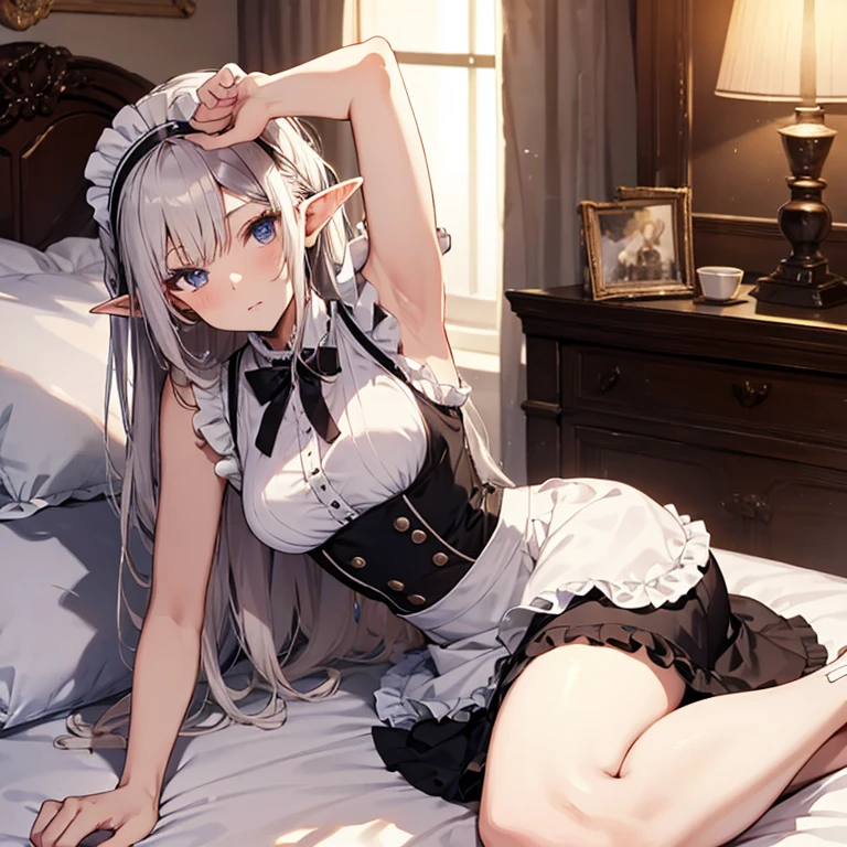A maids, (in bedroom), various hair styles, night, details face, short skirt, seducing, sleeveless, maid uniform, armpits, elf, laying on bed